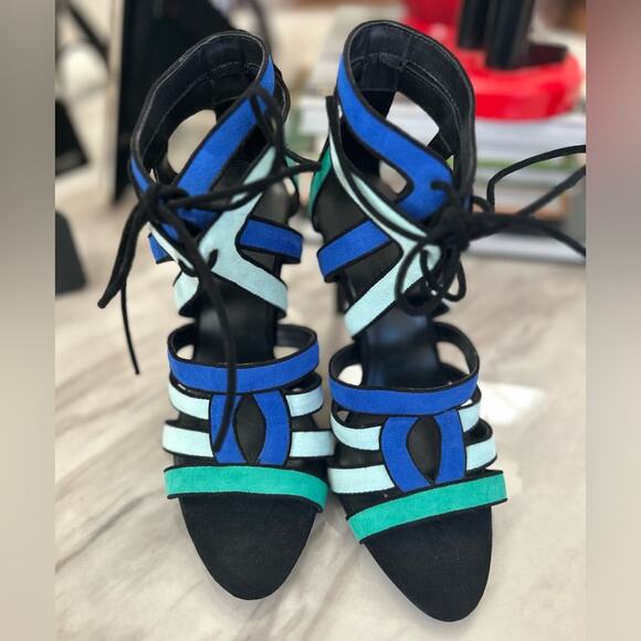 Zara Blue, Black & Green Caged Lace Up Gladiator Heels - Picture 2 of 8